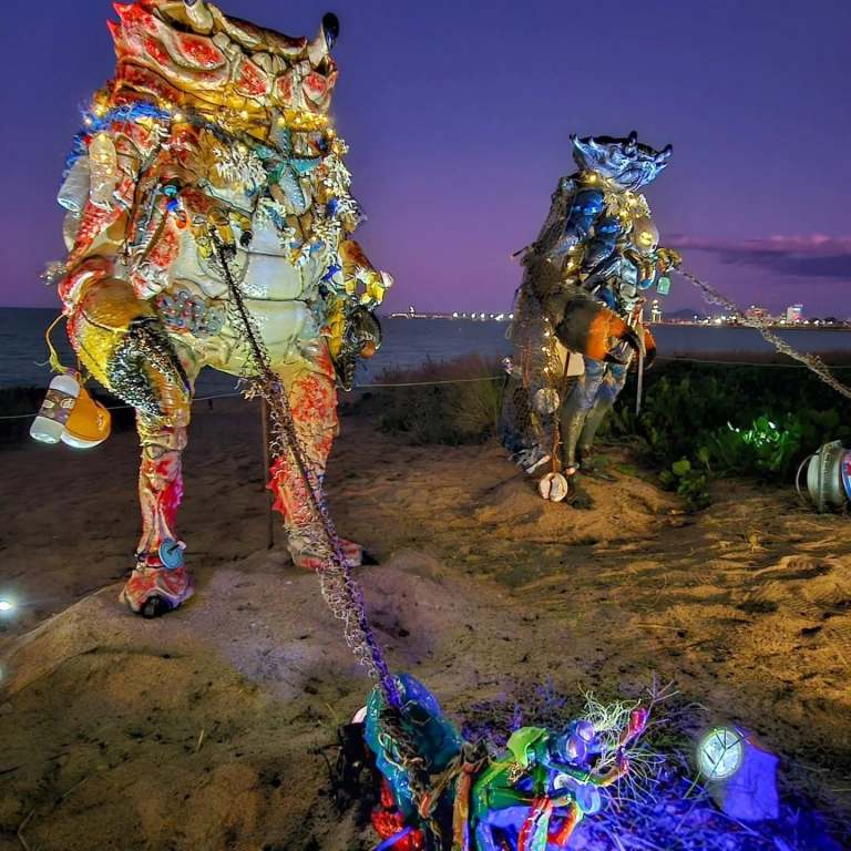 Giant 3D printed crab sculptures lit up at night on the beach in Townsville