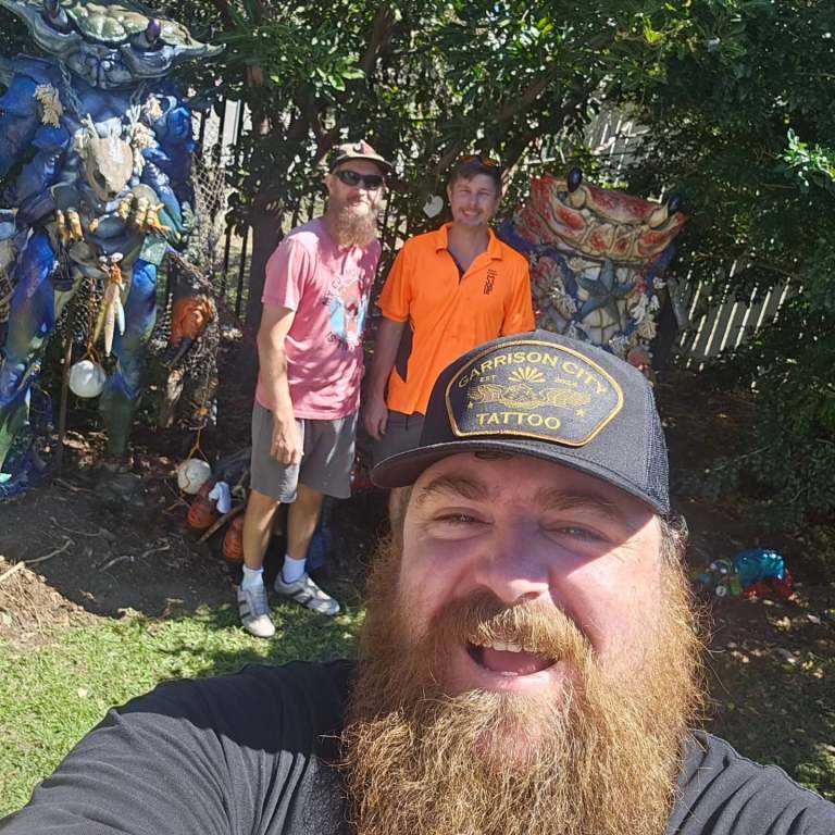 Selfie with the giant 3D printed crab sculptures at night