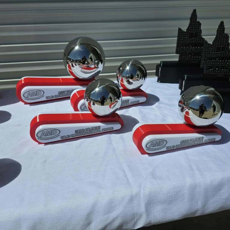Custom 3D printed pinball tournament trophies with chrome balls